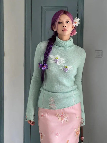 Flowers Print Sweater Clothes Long Sleeve Korean Autumn Tops Turtleneck Knitwear Pullovers Outerwears Y2k