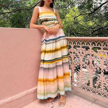 Square Collar Backless Sling Dress Spring Striped Print Pleated Long Dress Summer Sleeveless Party Maxi Dresses