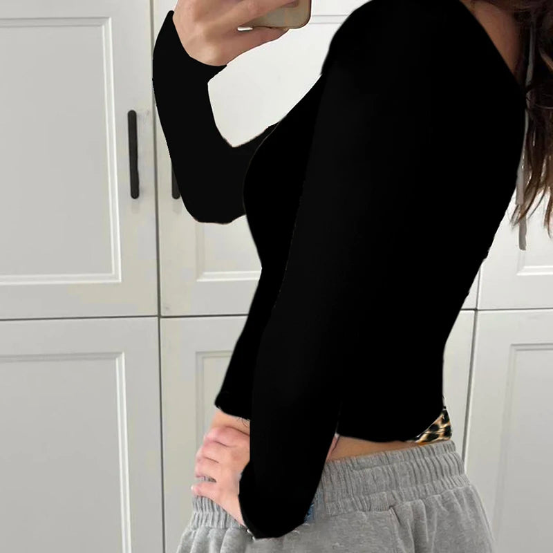 Y2k Contrast Leopard Print Crop Top Long Sleeve Halter O-neck T-shirt Korean Fitted Tee Autumn