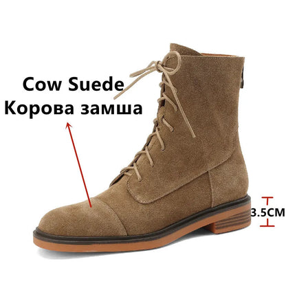 Autumn Winter Ankle Boots Office Genuine Leather Wool Low Heels Comfortable Shoes Woman