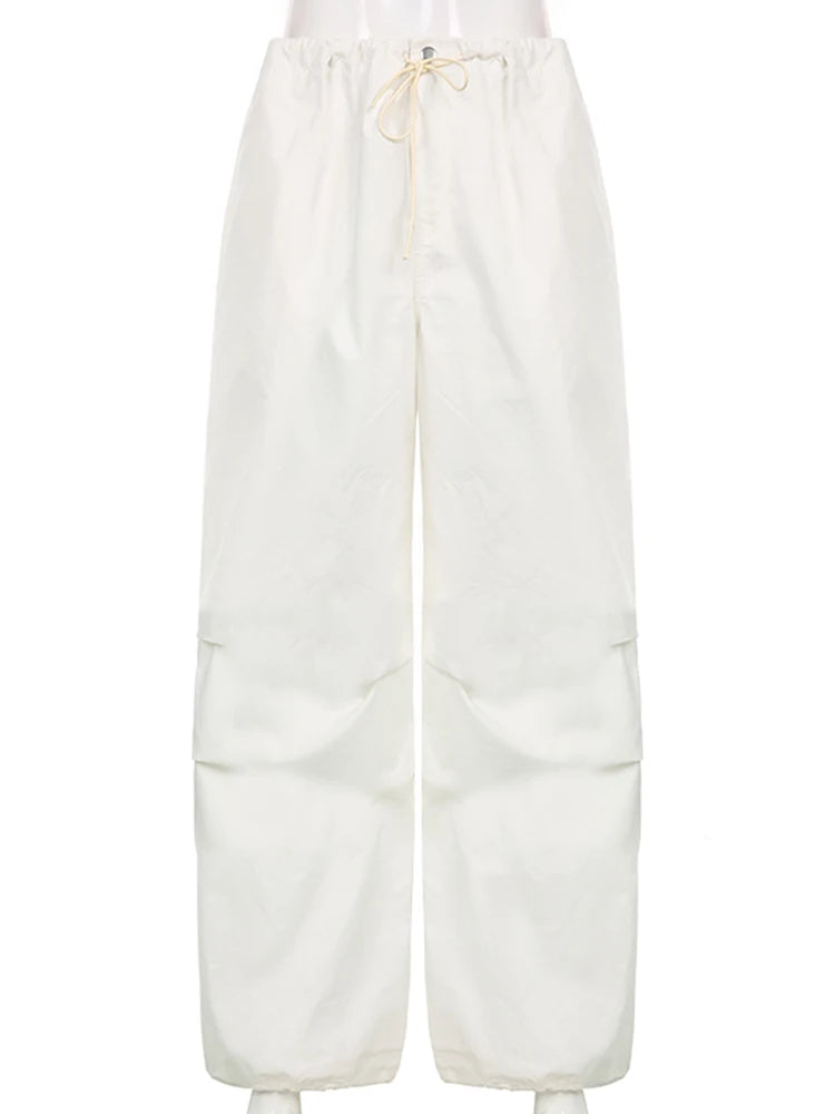 Baggy Wide Leg Sweatpants White Loose Drawstring Low Waist Cargo Pants Hippie Joggers Trousers