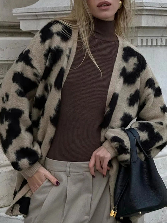 Retro Knitted Leopard Cardigan V-neck Soft Open Sweaters Female Autumn Versatile High Street Knitwear