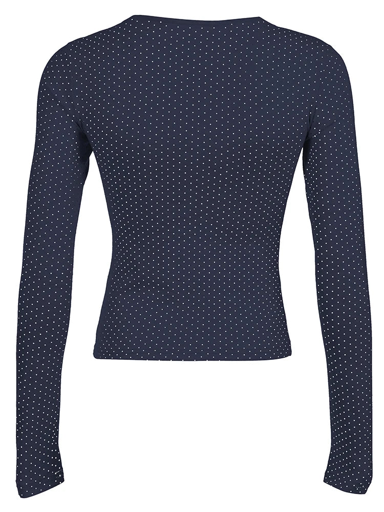 Dot Print Slim Y2k Long Sleeve T-shirt Contrast Lace Patchwork Button Up Square Collar Japanese Kawaii 2000s Tees