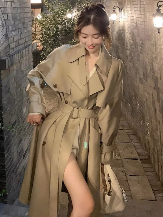 Autumn Winter Khaki Long Trench Coat for Jacket Outerwear Turn-down Collar Tie Belt Korean Windbreaker