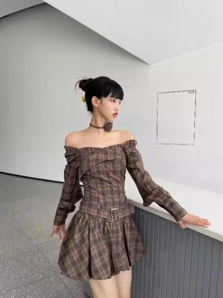 Coffee Plaid Mini Dress for Off Shoulder Long Sleeve Belt Flower Bud Dress Autumn Lady Skirts