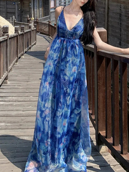 Summer Print Midi Dress Sleeveless Aline Maxi Vestidos Female Backless Long Robe New