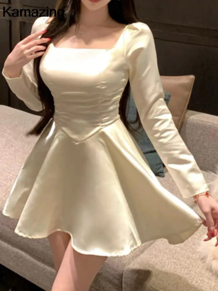Satin Mini Dress Spring Summer Aline Party Evening Clothes Female Long Sleeve Vestidos New
