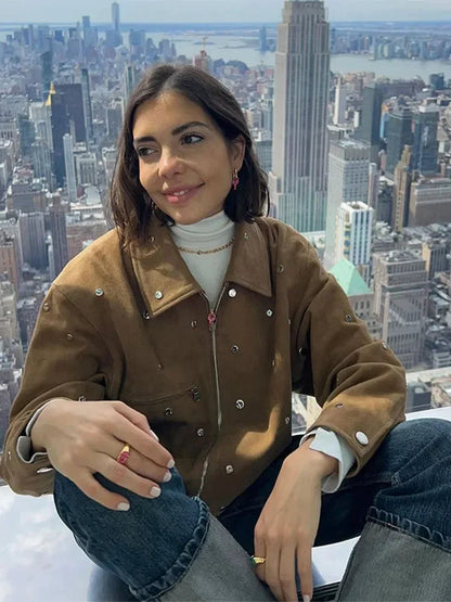 Metal Buckle Short Jacket Lapel Long Sleeves Zipper Cropped Coat Autumn New Female High Street Outwear