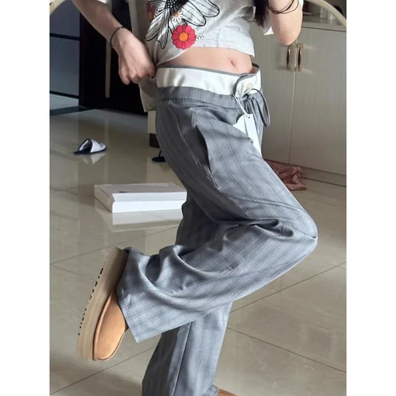 Korean Retro Contrast Color Patchwork Pants Spring New High Waist Laceup All Match Striped Wide Leg Pants