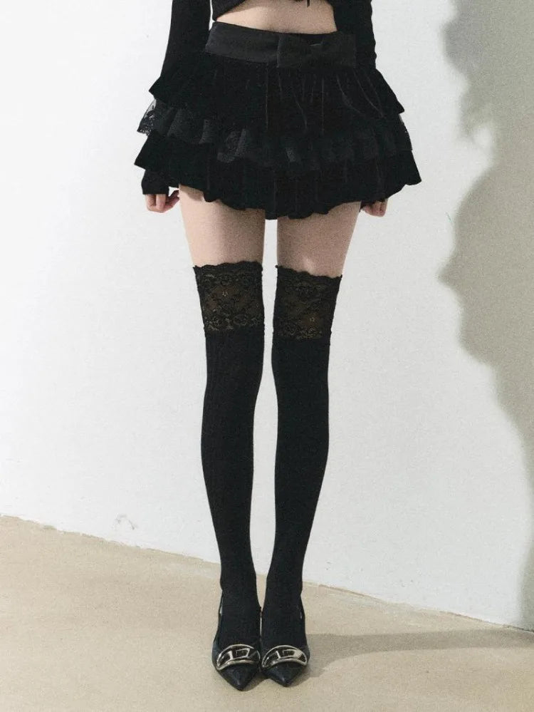Sweet Bow Hite Lace Skirt for Y2k High Waist Faldas Mujer Allmatch Ruched Aline Cake Skirts