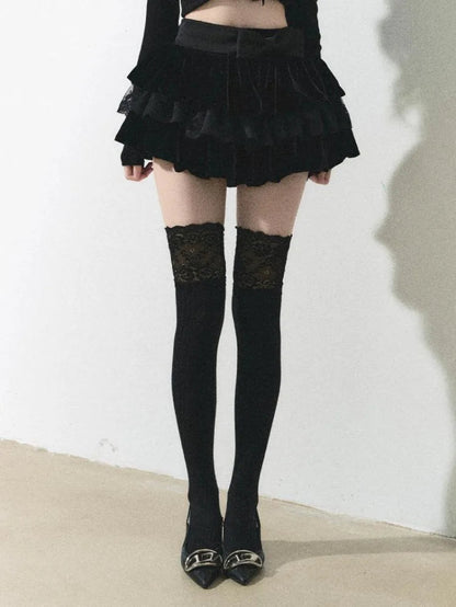 Sweet Bow Hite Lace Skirt for Y2k High Waist Faldas Mujer Allmatch Ruched Aline Cake Skirts