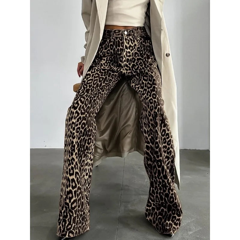 Y2k Leopard Jeans Woman Baggy Spring Harajuku Denim Pants Korean Causal Trousers Aesthetic