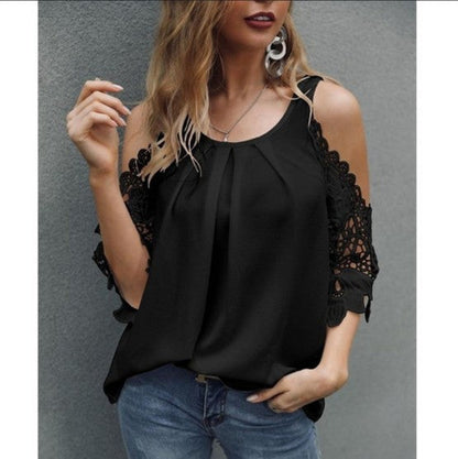 Off Shoulder Lace Blouse Summer Tops White Black Blouses O-neck Loose 5xl Clothes