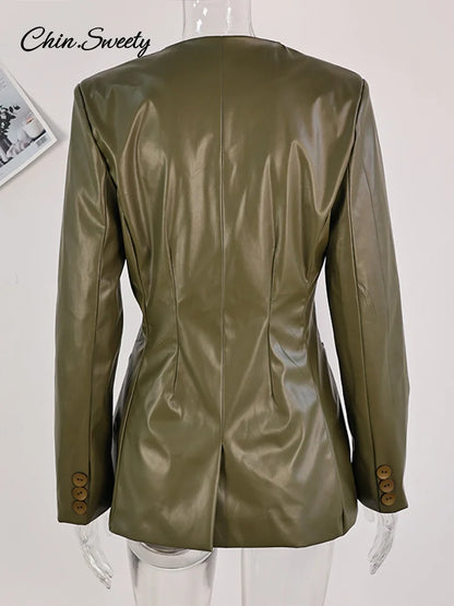 Street ’s Leather Jackets Green Pleat V-neck One Button Full Sleeve Pockets Waist Up Coat Spring Y2k Lady