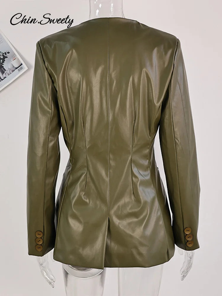 Street ’s Leather Jackets Green Pleat V-neck One Button Full Sleeve Pockets Waist Up Coat Spring Y2k Lady