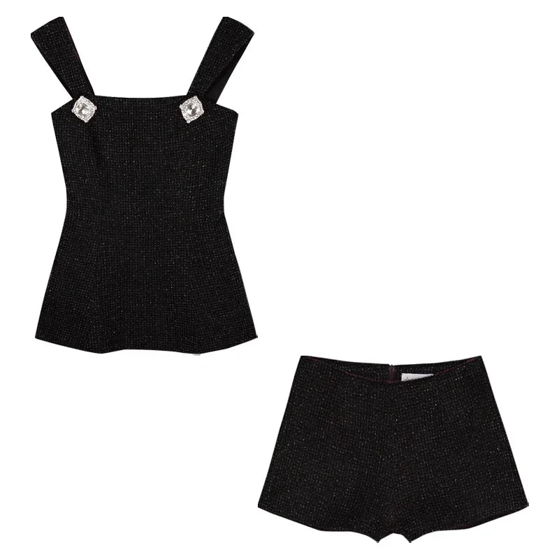 Summer New Hollow Backless Bow Splicing Tweed Camisole + Color Shorts Twopiece Suit