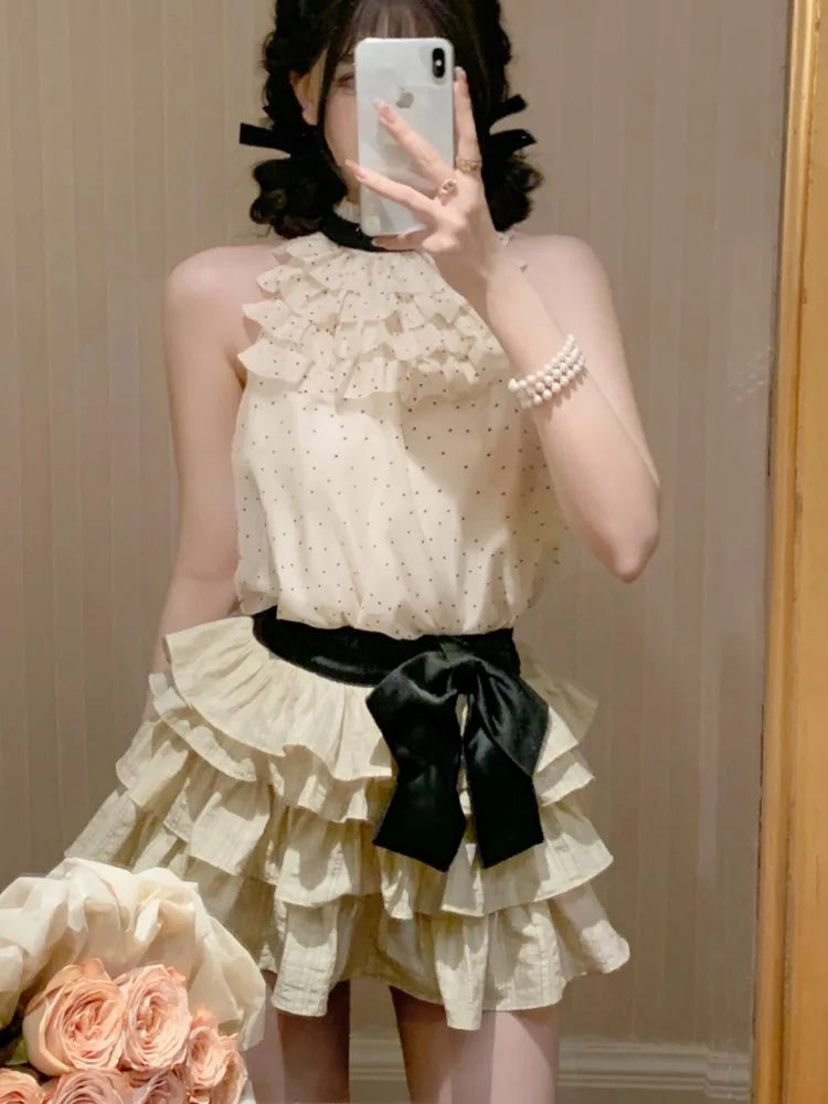 Y2k Polka Dot Two-piece Set Chiffon Halter Sleeveless Top Ruffles A-line Cake Mini Skirt Summer New Korean Outfits