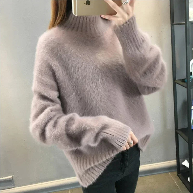 Winter Mink Faux Cashmere Thick Sweater Jumper White Pull Femme Loose Pullover Knitted Fluffy Sweaters for Winter