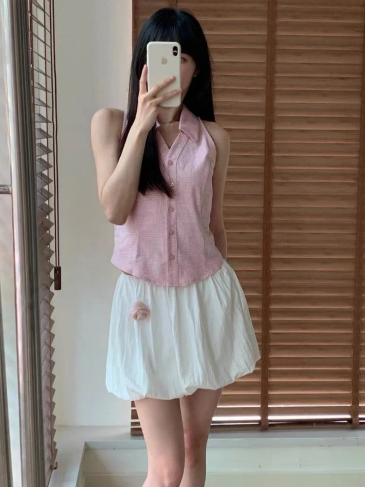 Sleeveless Halter Polo Shirts Summer Y2k Pink Button Up Blouse Female Slim Office Lady Clothes
