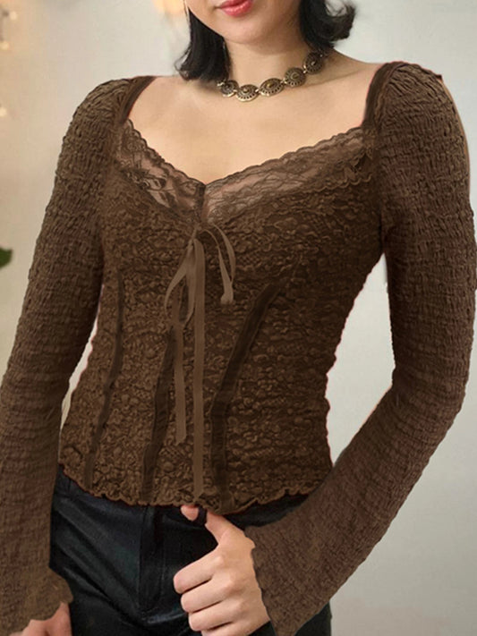 Hotsweet Lace Trim V-neck Brown Long Sleeve Blouses Bow Lace Up Flared Sleeve Slim Y2k Autumn New T-shirt