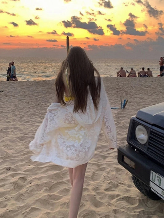 Lace Long Sleeve Blouse Capes Outwear Beach Style Hooded Coat Korean Summer Clothing Y2k