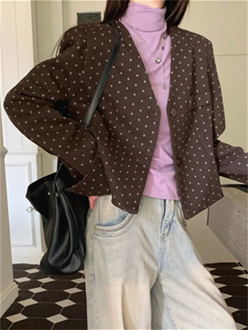Office Lady Coats New Woolen Autumn Polka Dots Slim High Street Work Wear Vneck