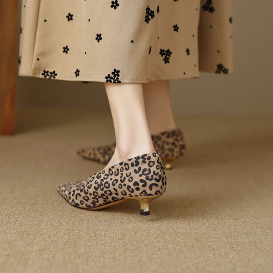 Real Sheep Leather Dress Shoes Leopard Pointed Toe Slip on Pumps