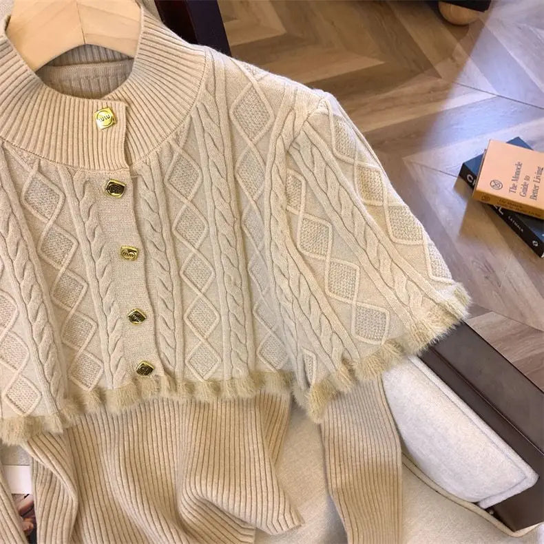 French Gentle Christmas Sweater Twopiece Set Cardigan Female Autumn Winter Slim Base Temperament Knitting Shawl Top