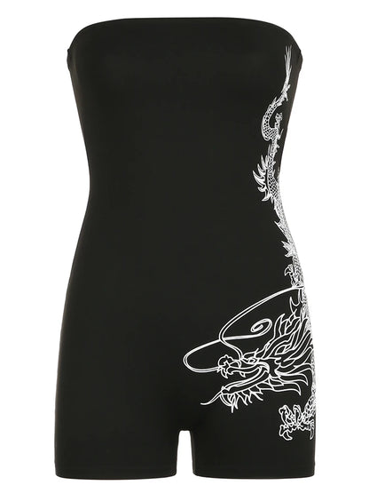 Dragon Print Sleeveless Strapless Skinny Rompers Black Chinese Style Playsuit Summer Baddie Short Overalls