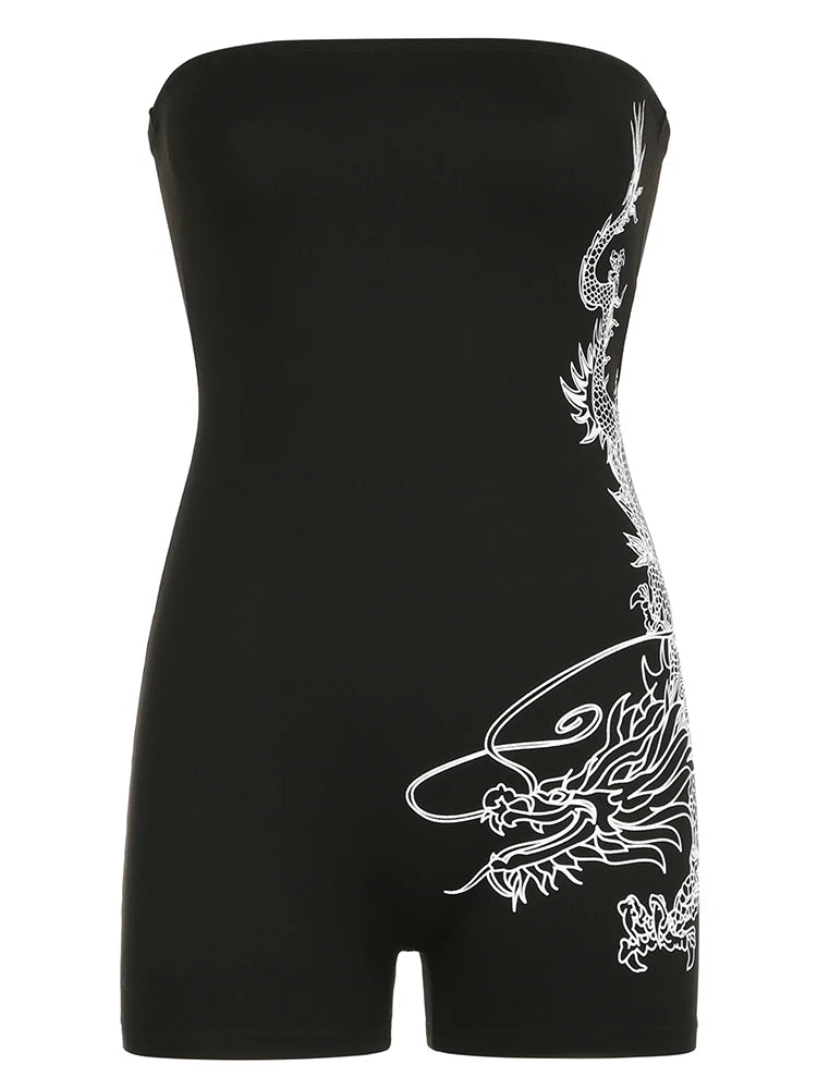 Dragon Print Sleeveless Strapless Skinny Rompers Black Chinese Style Playsuit Summer Baddie Short Overalls