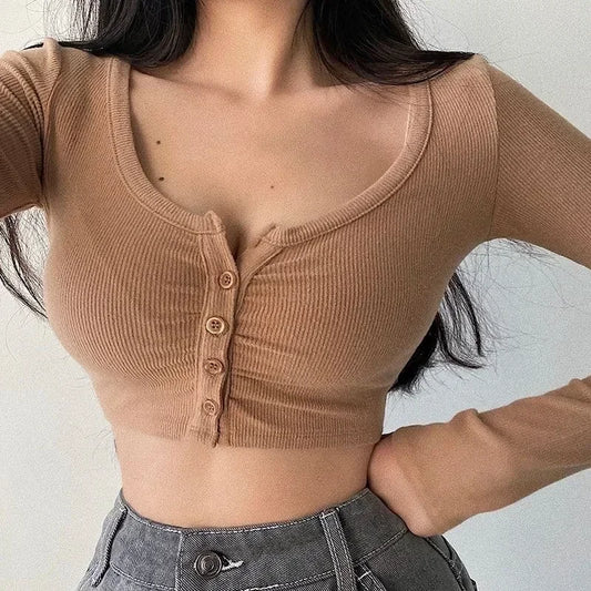 Slim V-neck Long Sleeve Bottomed Tops and Blouses High Street Color Open Navel Cardigan