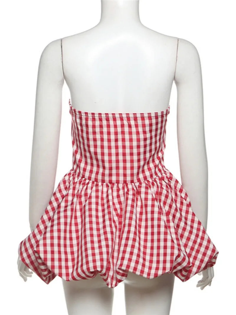 Spring Summer Plaid Tops for Strapless Off Shoulder Backless Ruched Red T-shirt Sleeveless Tees Top