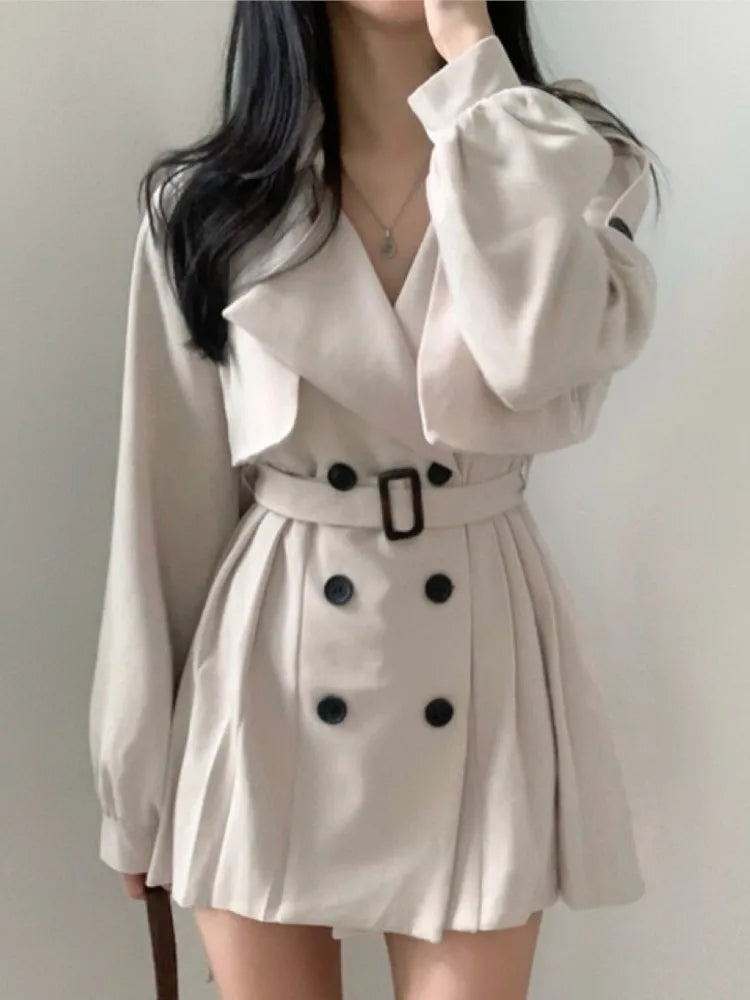 Autumn Korean Trench Coat Pleated Dresses for Belt Turn-down Collar Double Breasted Female Vestidos New
