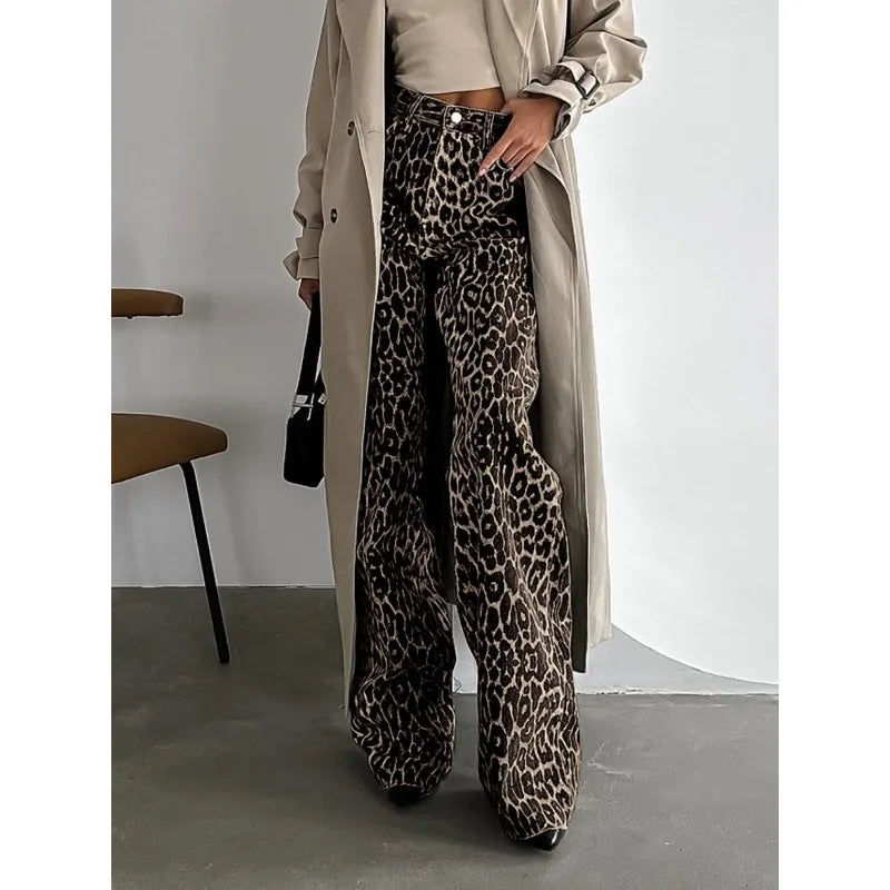 Y2k Leopard Jeans Woman Baggy Spring Harajuku Denim Pants Korean Causal Trousers Aesthetic