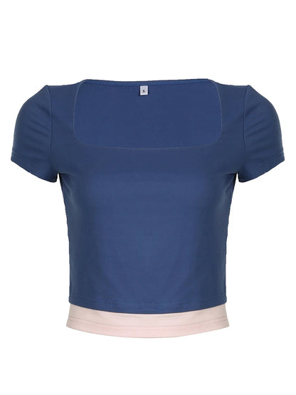 Contrast Patchwork Slim Y2k Cropped T-shirts Blue Square Collar Short Sleeve Basic Summer Top Tees