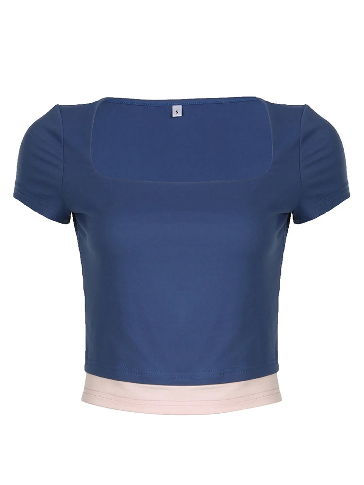 Contrast Patchwork Slim Y2k Cropped T-shirts Blue Square Collar Short Sleeve Basic Summer Top Tees