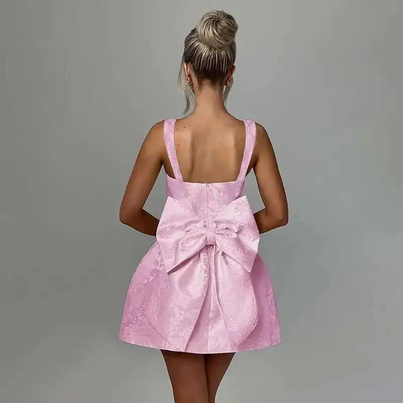 Bow Backless Jacquard a Line Mini Dress