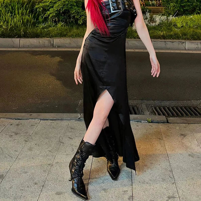 Punk Mid Calf Boots Pointed Toe Metal Stiletto Heels Belt Buckle Detail Lace Up Rubber Sole Cowboy Cool Girl Shoes