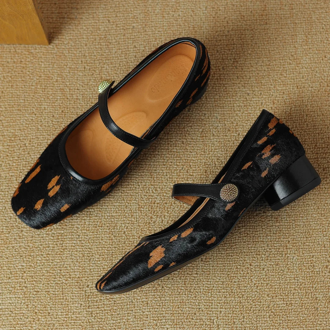 3442 Leopard Horsehair Mary Jane Flats Square Toe Female Soft Comfortable Slim Shoes Hot