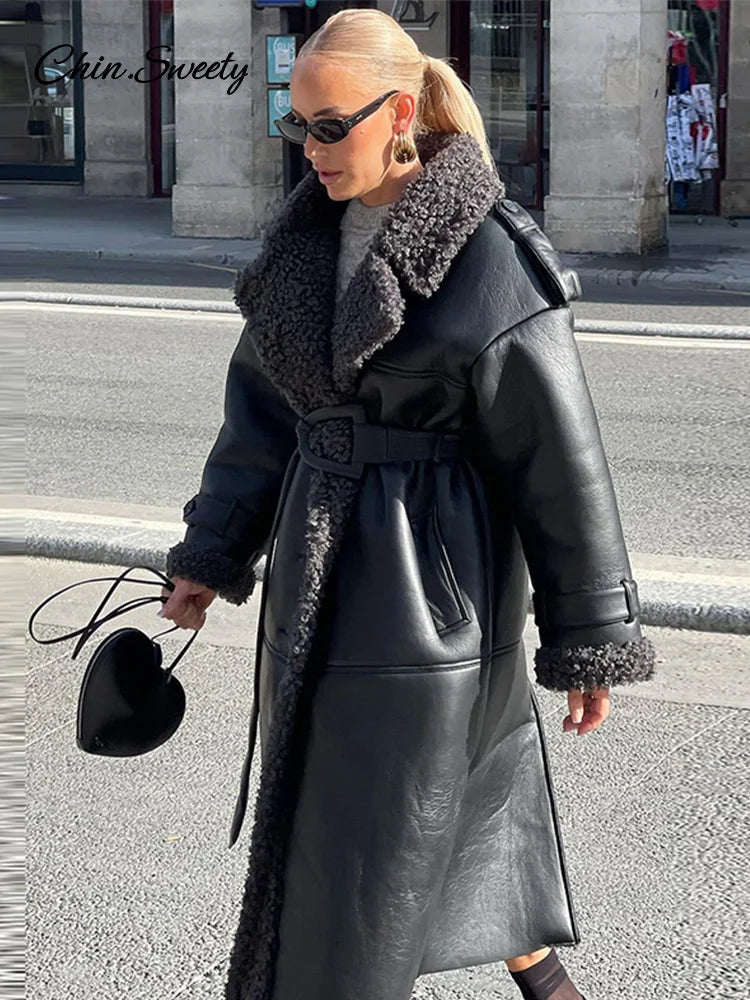 Lamb Wool Pu Leather Long Jacket With Belt Patchwork Lapel Pocket Oversize Overcoat Winter Warm Thick Outwear