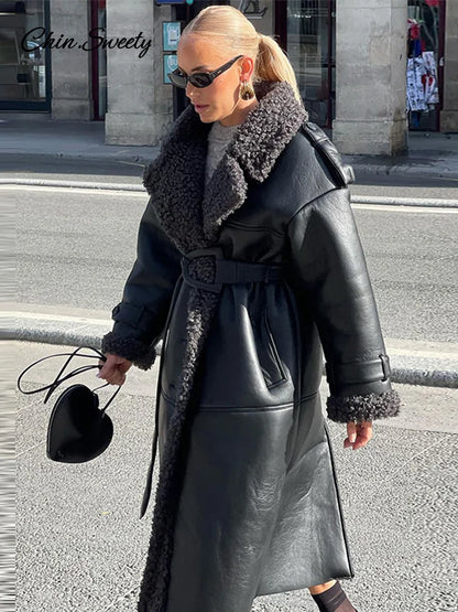 Lamb Wool Pu Leather Long Jacket With Belt Patchwork Lapel Pocket Oversize Overcoat Winter Warm Thick Outwear