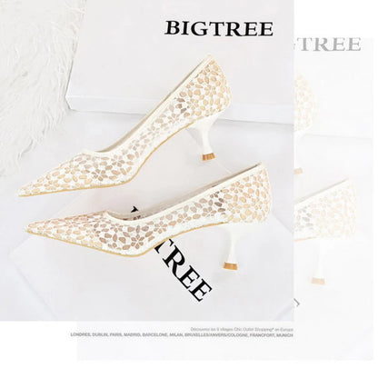 Summer Shoes Banquet Shoes Fine Heel High Heel Pointed Headed Mesh Hollow Lace Shoes