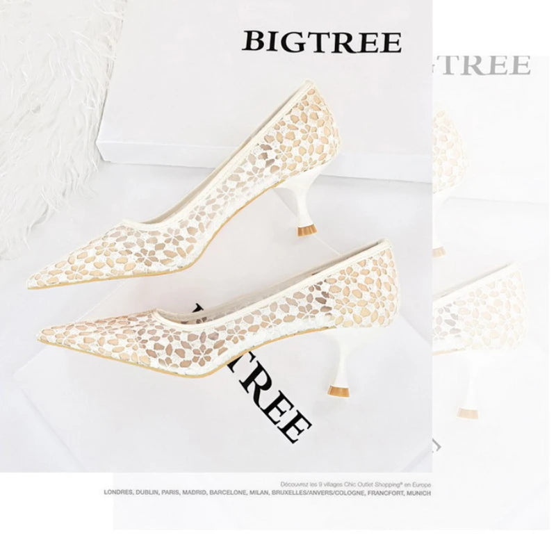 Summer Shoes Banquet Shoes Fine Heel High Heel Pointed Headed Mesh Hollow Lace Shoes