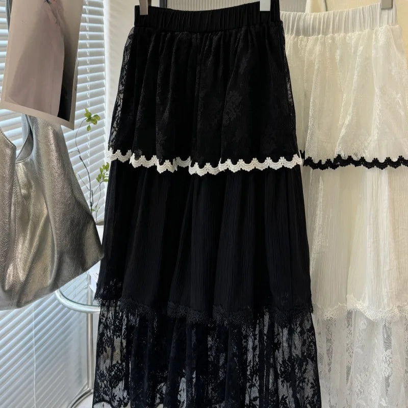 Spring Summer Lace Skirts Contrast Color Ruffles Sweet Jupe Femme Korean Retro Long Skirt