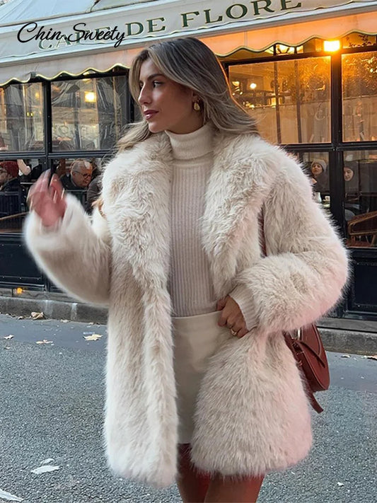 Fluffy Faux Fur Coat Lapel Long Sleeve Thick Warm Loose Jackets Winter High Street Outerwear