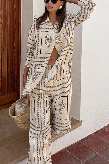 Printed Shirts Two Piece Set Long Sleeve Lapel Shirts High Waist Wide Leg Pants Suit for Home Wear Outfits Clothing