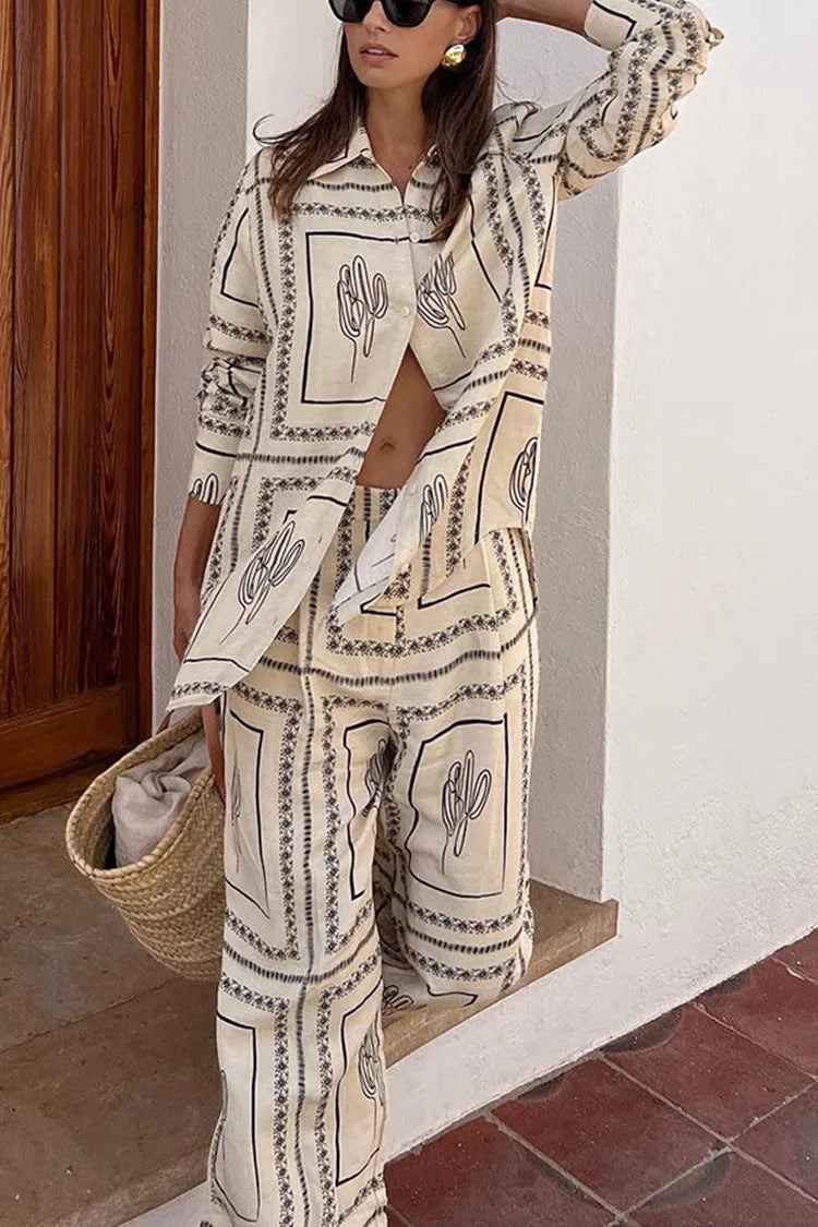 Printed Shirts Two Piece Set Long Sleeve Lapel Shirts High Waist Wide Leg Pants Suit for Home Wear Outfits Clothing