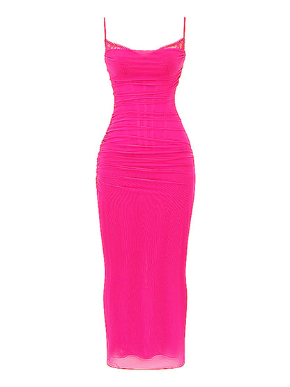 Spaghetti Strap Backless Maxi Dress for Two Layer Mesh Sleeveless Bodycon Club Party Dress