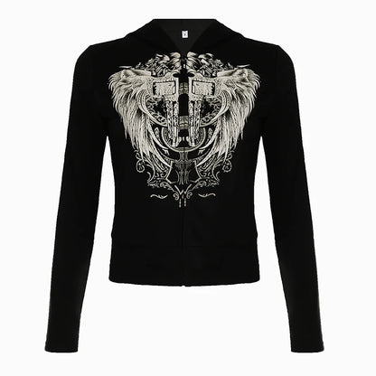 Y2k Darkly Retro Zip Up Hooded Coat Long Sleeve Basic S Diamonds Print Sweats Cardigan