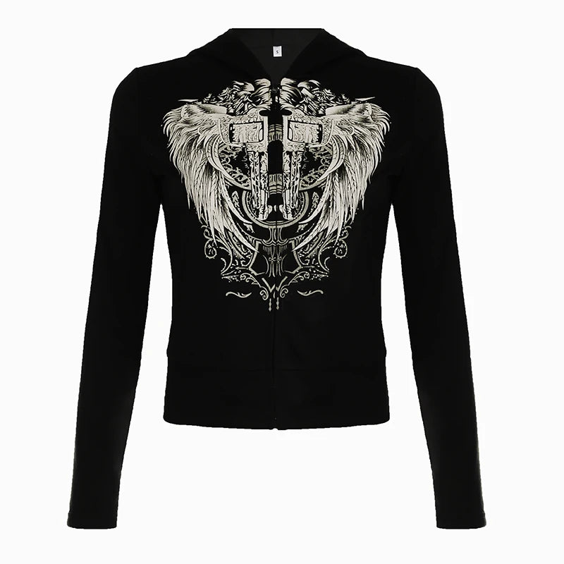 Y2k Darkly Retro Zip Up Hooded Coat Long Sleeve Basic S Diamonds Print Sweats Cardigan